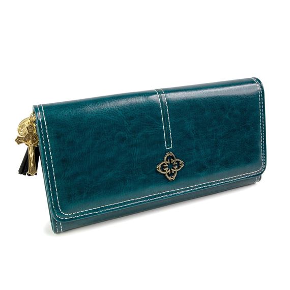 CLUTCH WALLET WITH ST. BENEDICT CROSS & MIRACULOUS MEDAL CHARMS - GREEN